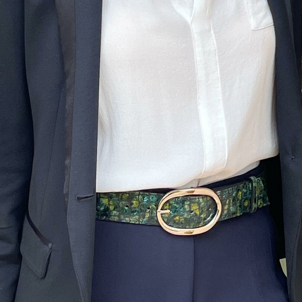Ceinture reversible femme Croco vert / Bleu newport
